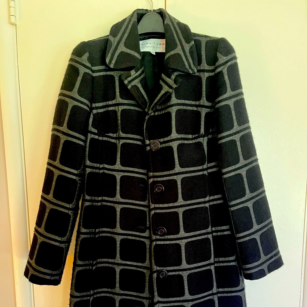 Trina Turk Vintage winter wool coat in black and silver with tie waist